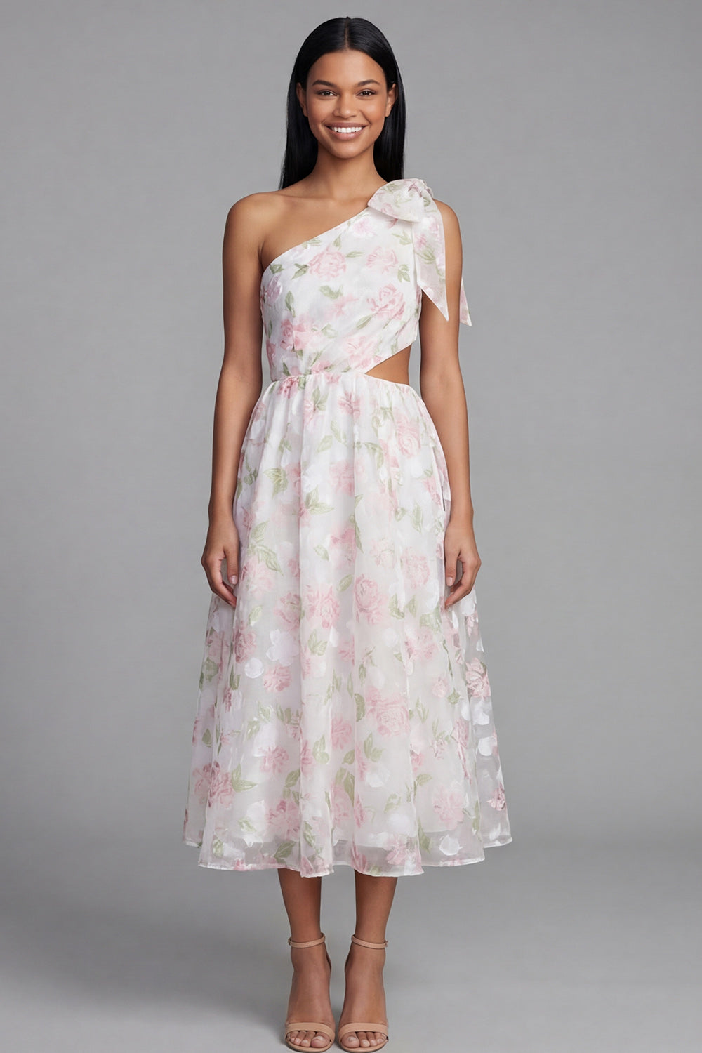 Floral Maxi A Line White Pink Flower Formal Dress with Bow