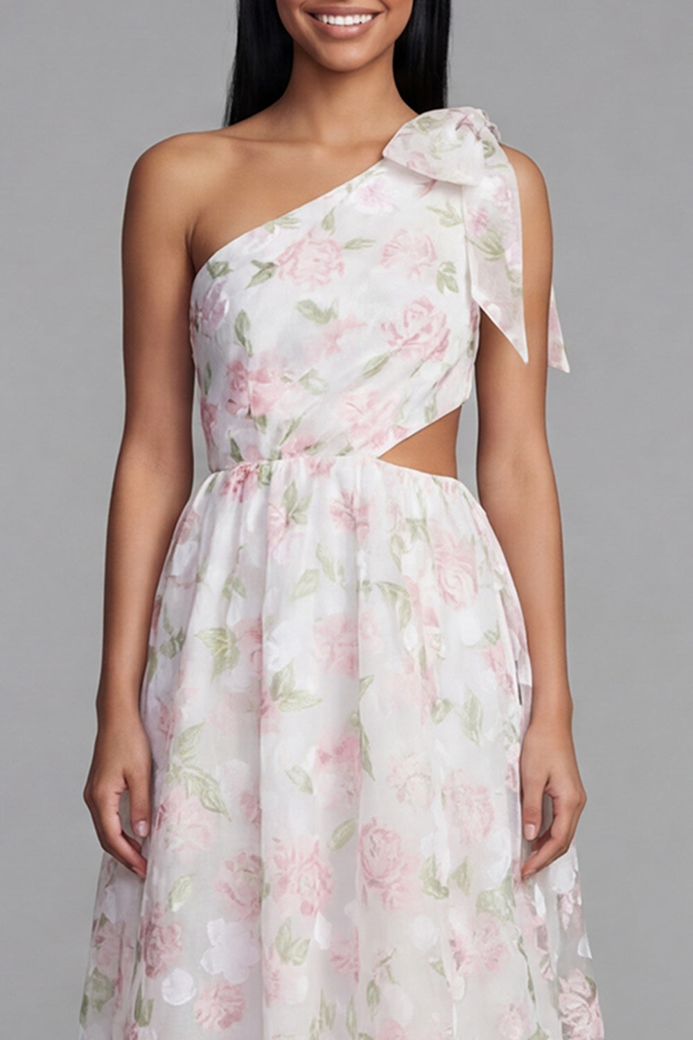 Floral Maxi A Line White Pink Flower Formal Dress with Bow