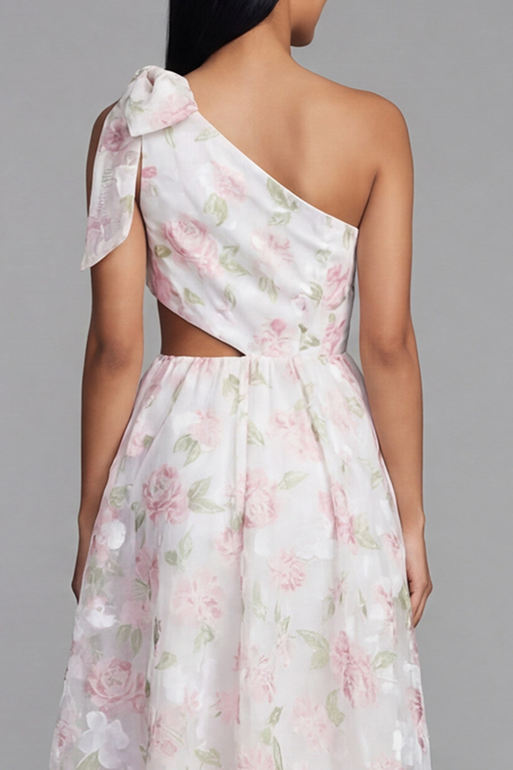 Floral Maxi A Line White Pink Flower Formal Dress with Bow