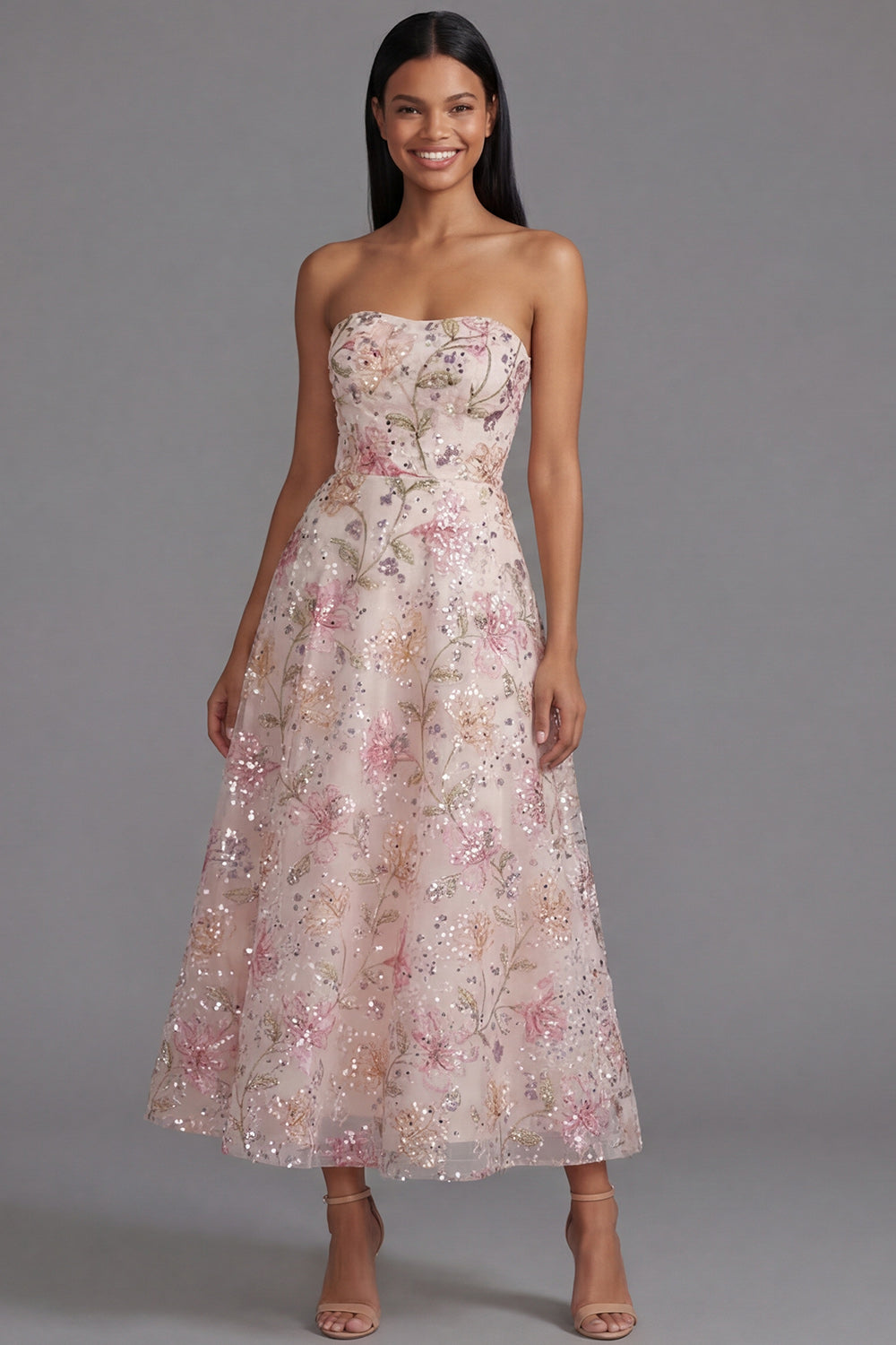 Sparkly Pink Sequin A Line Floral Maxi Strapless Formal Dress