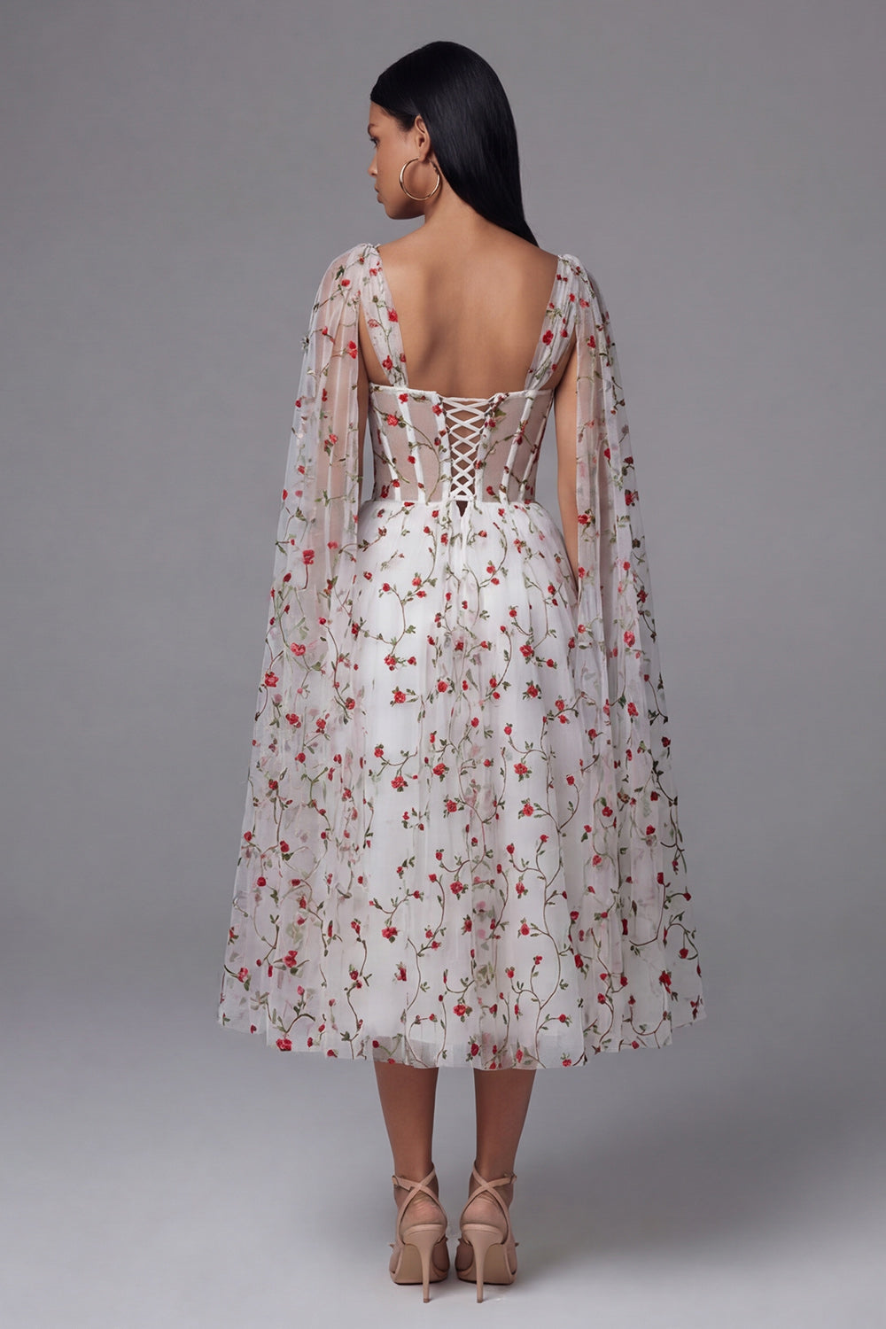 Ivory Corset A Line Floral Maxi Formal Dress with Cape