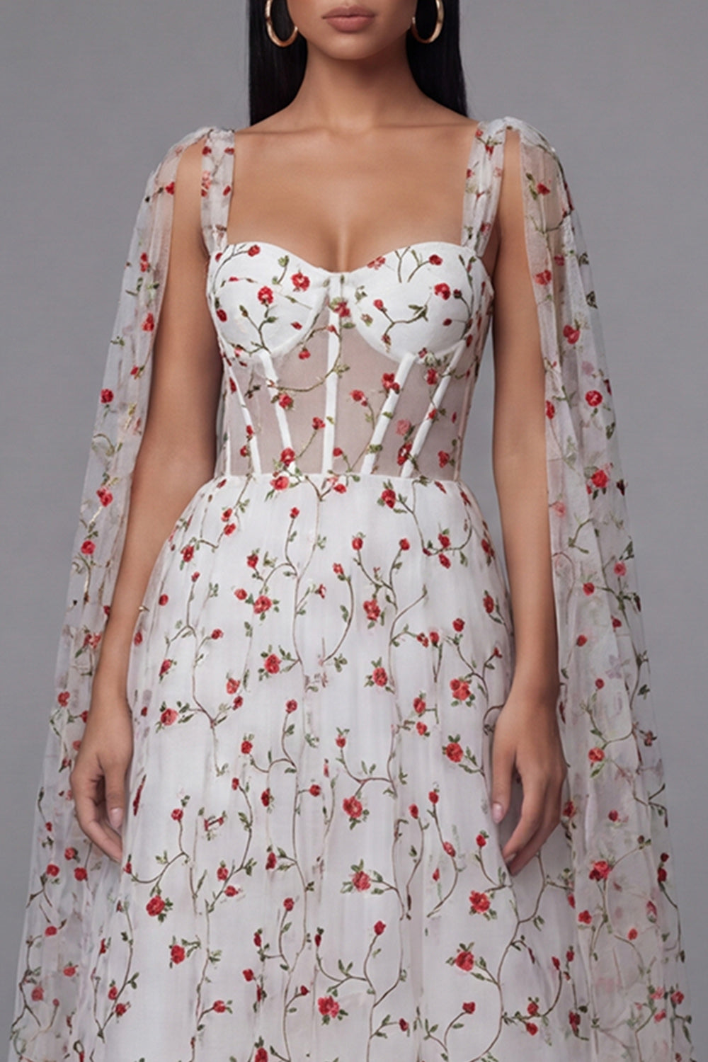 Ivory Corset A Line Floral Maxi Formal Dress with Cape