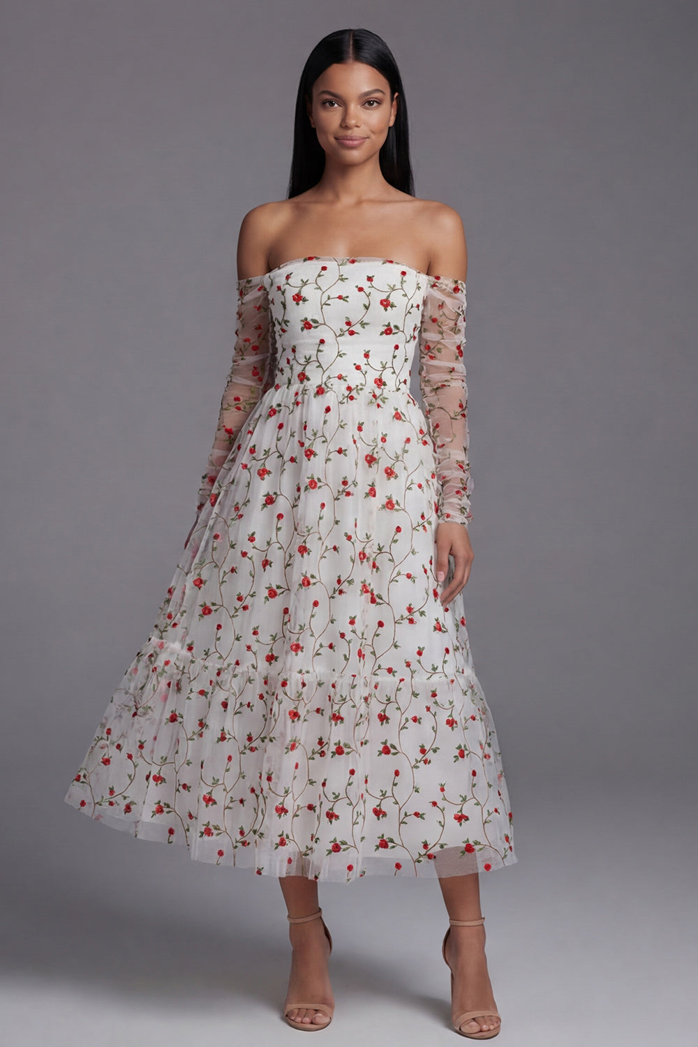Off the Shoulder Ivory A Line Floral Maxi Formal Dress