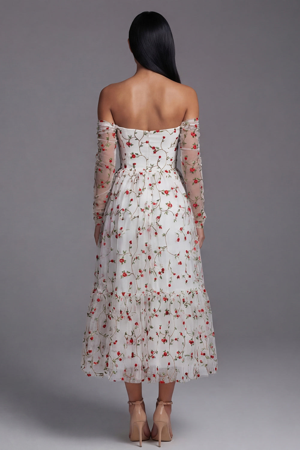 Off the Shoulder Ivory A Line Floral Maxi Formal Dress