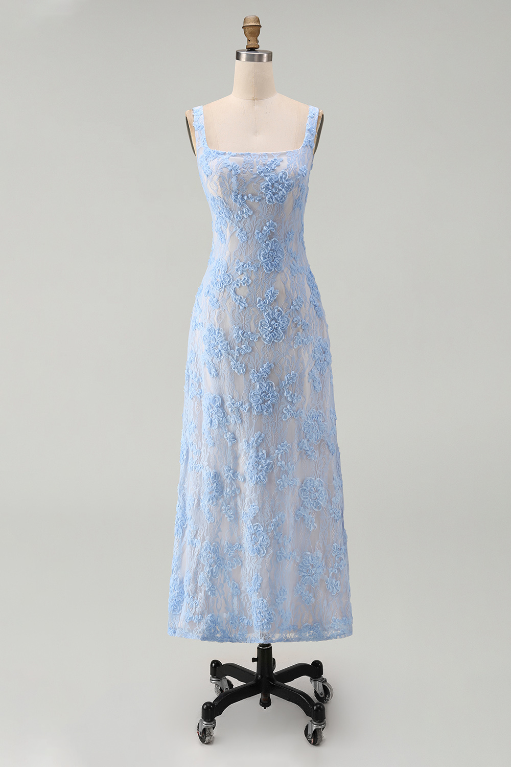 Square Neck A Line Blue Floral Maxi Formal Dress