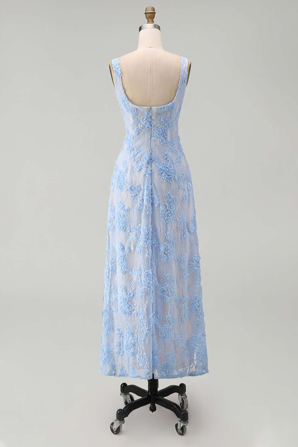 Square Neck A Line Blue Floral Maxi Formal Dress
