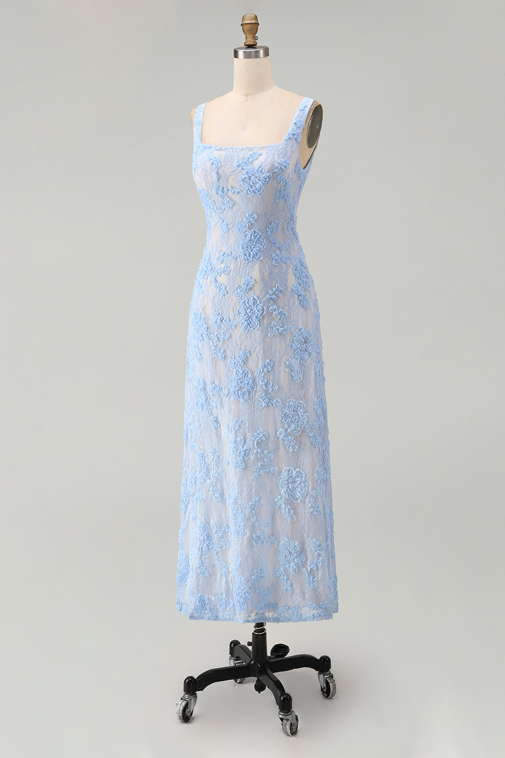 Square Neck A Line Blue Floral Maxi Formal Dress