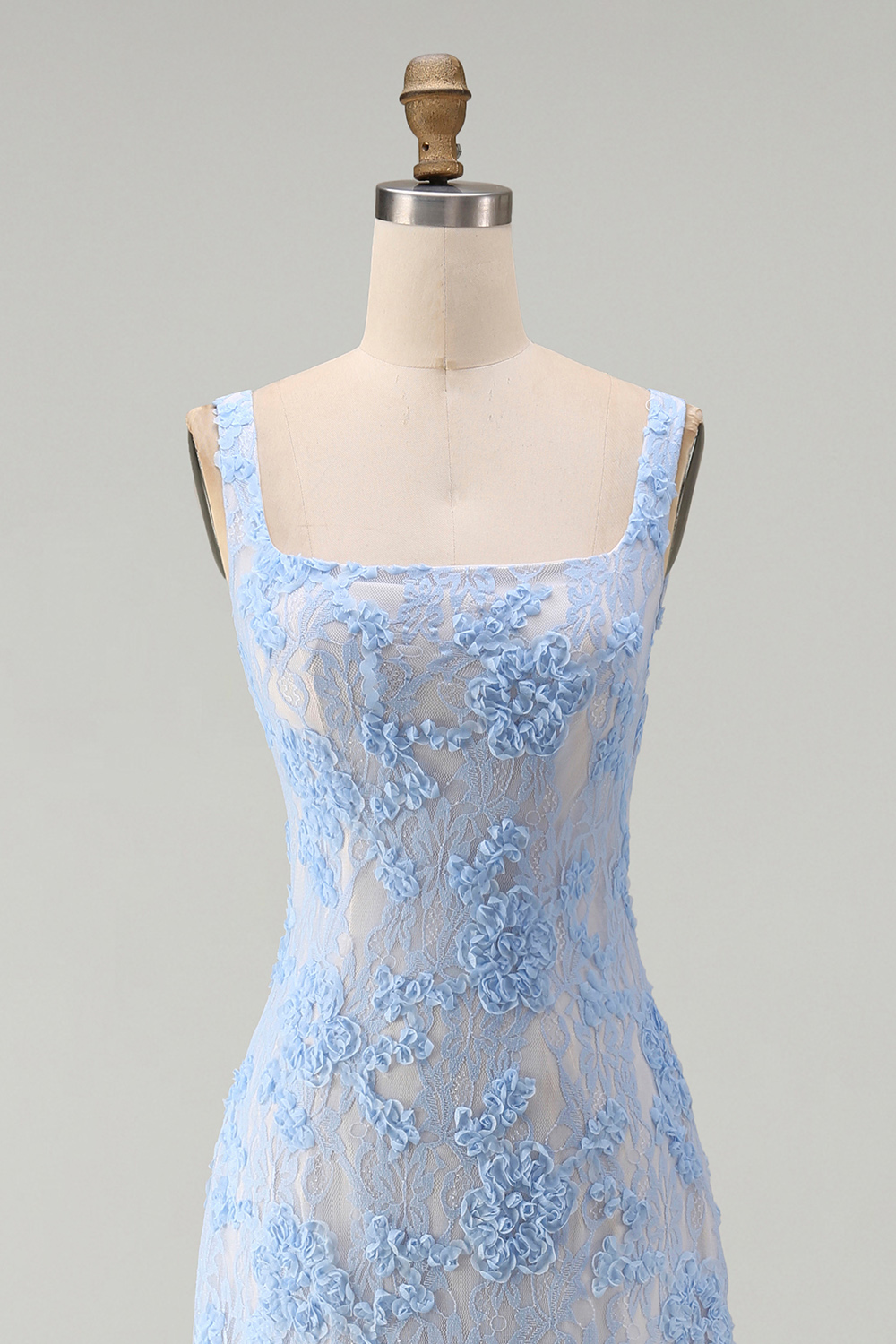 Square Neck A Line Blue Floral Maxi Formal Dress