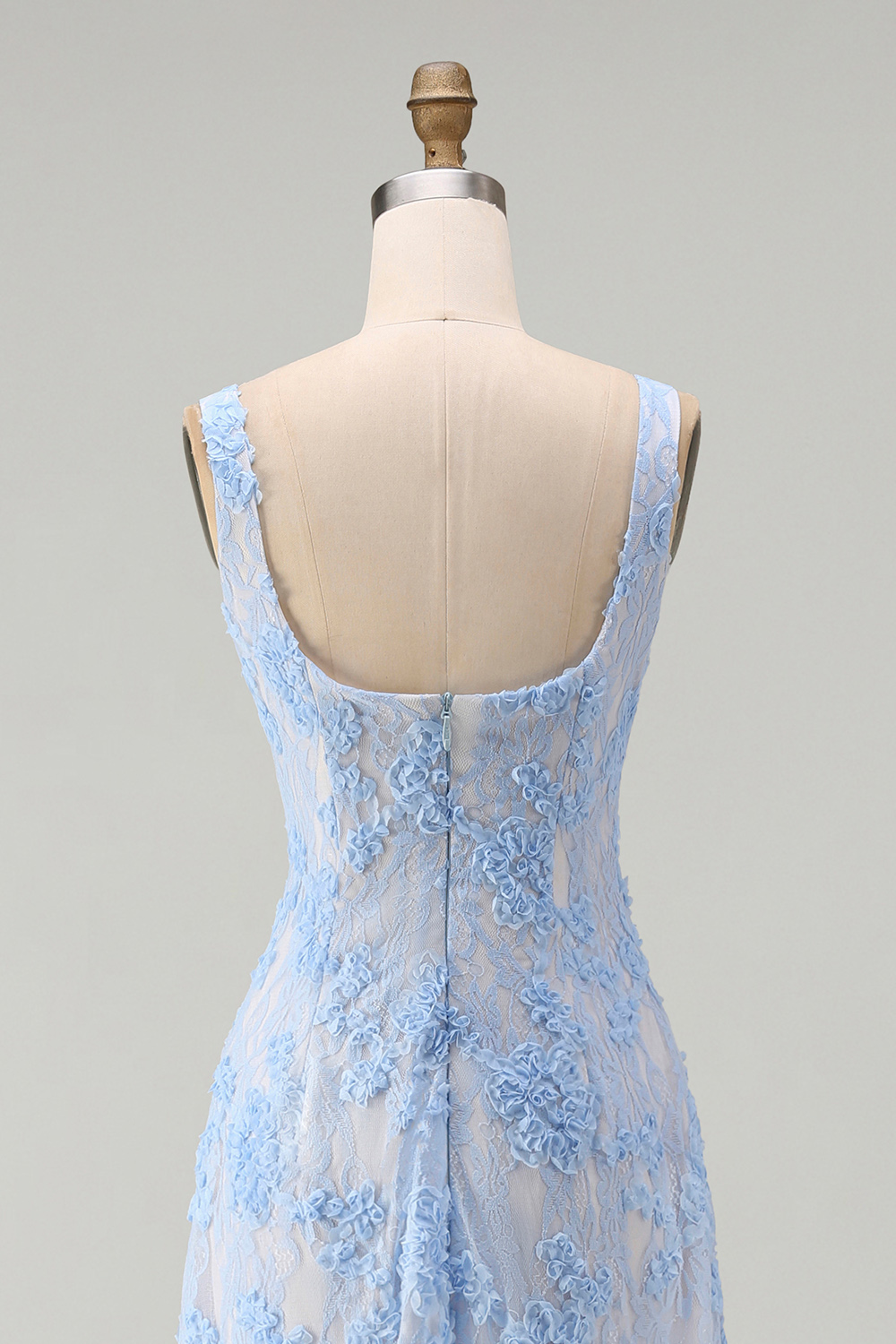 Square Neck A Line Blue Floral Maxi Formal Dress