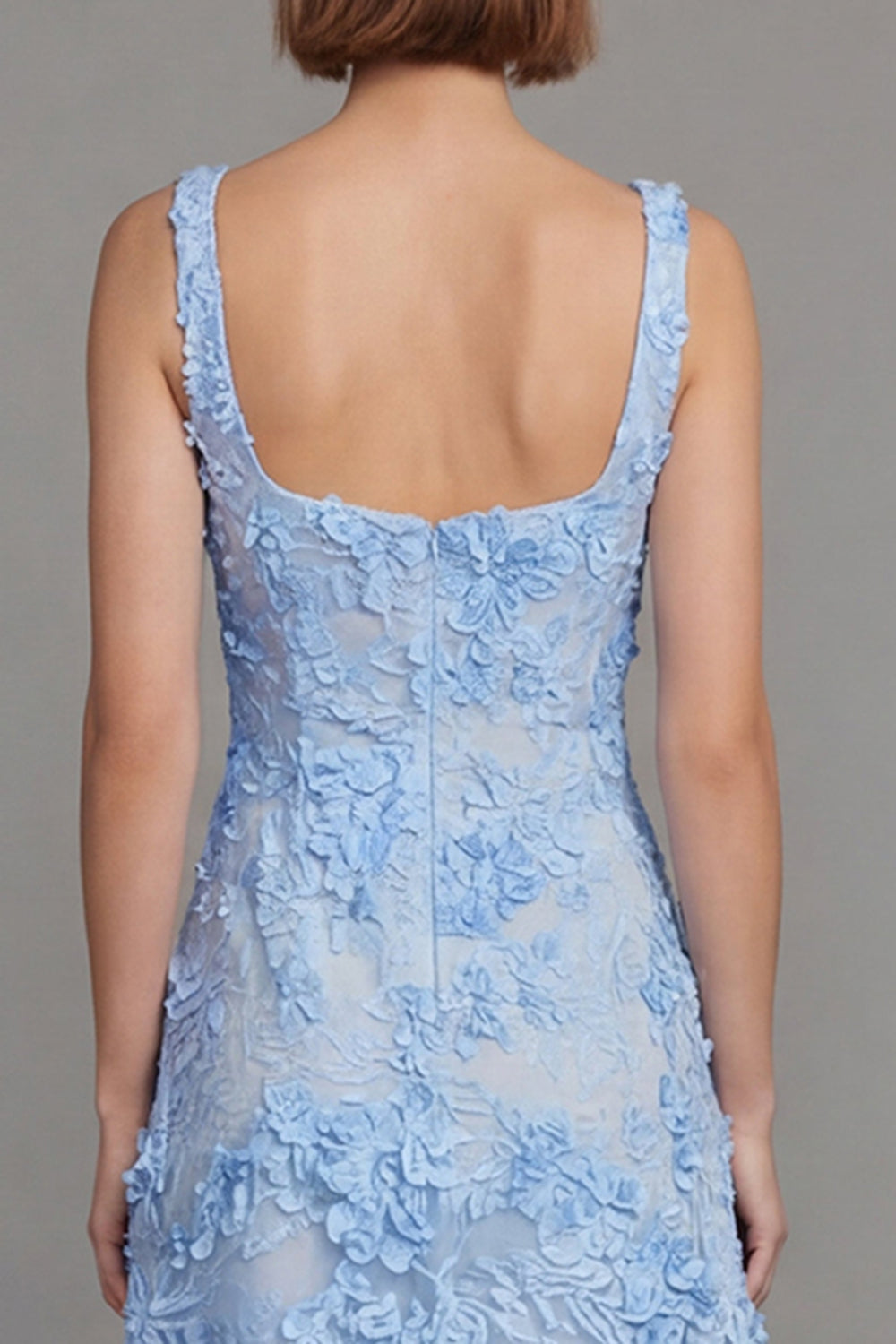 Square Neck A Line Blue Floral Maxi Formal Dress