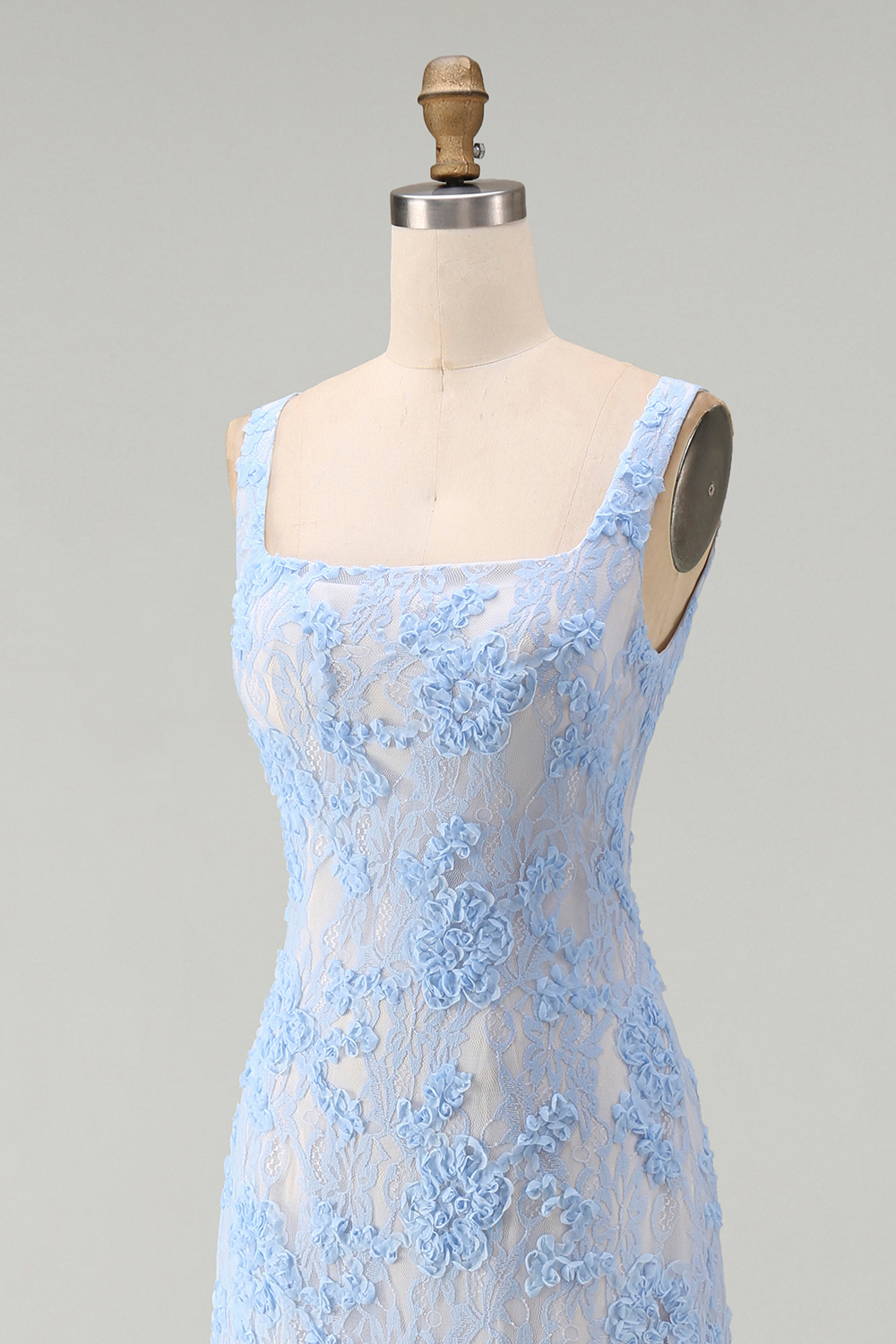 Square Neck A Line Blue Floral Maxi Formal Dress