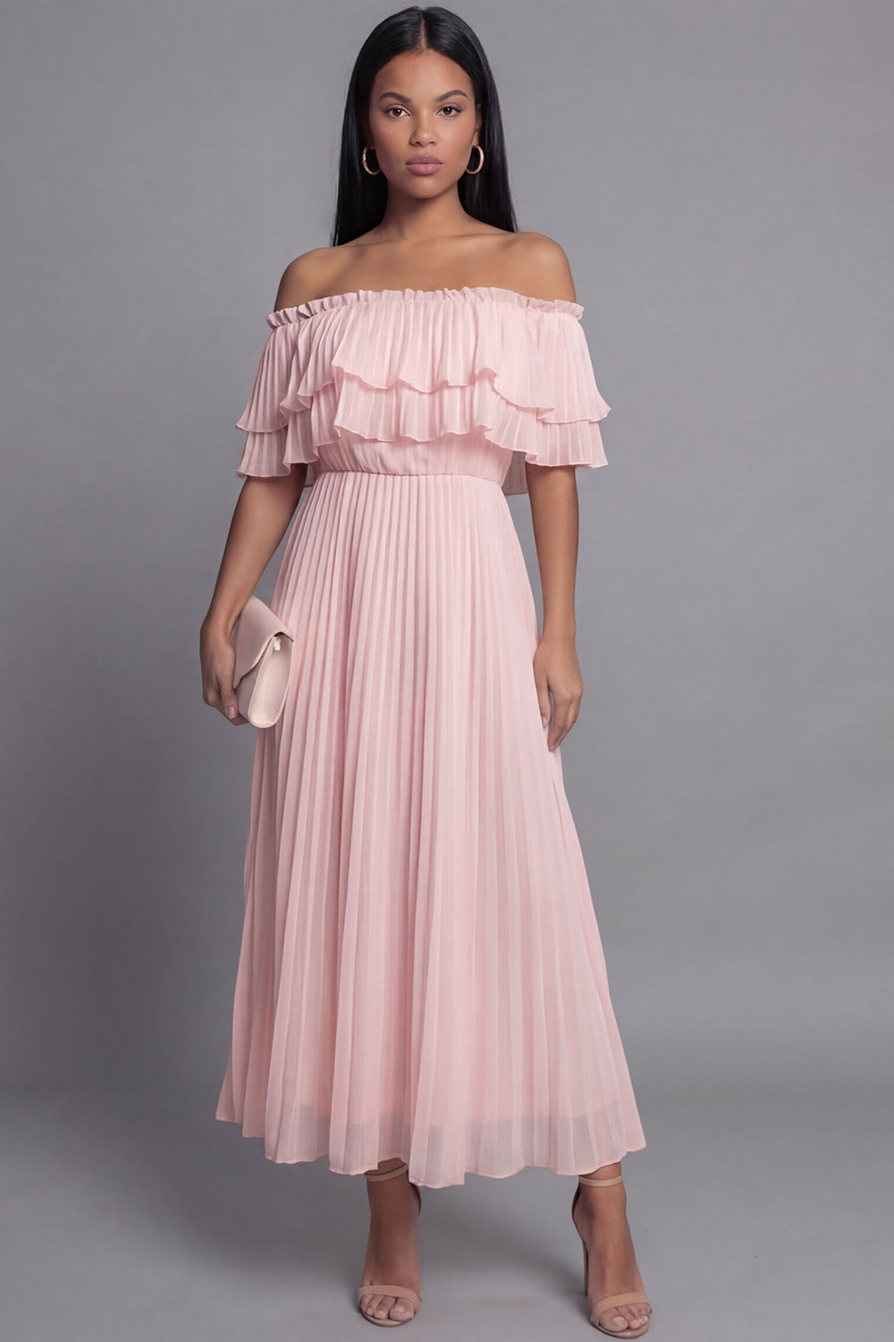 Pink Maxi A Line Ruffled Formal Dress with Pleats