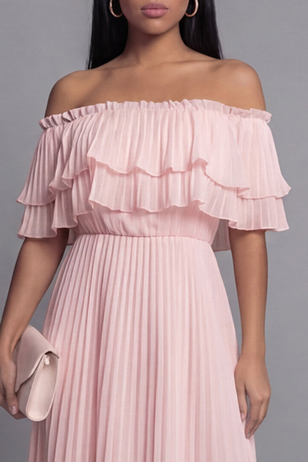 Pink Maxi A Line Ruffled Formal Dress with Pleats