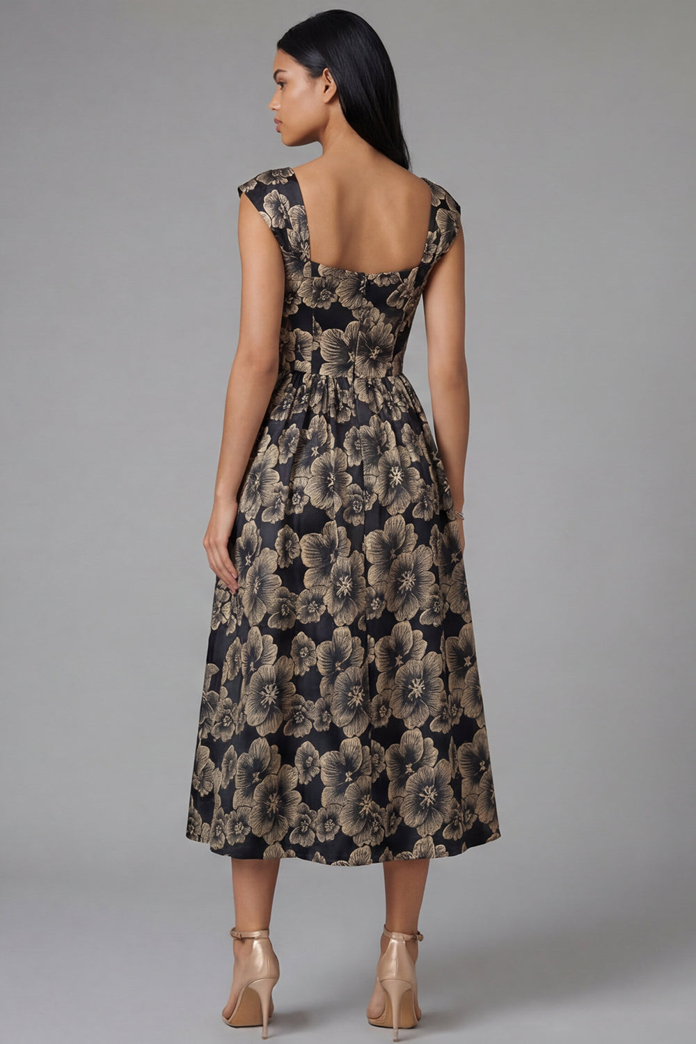 Square Neck Floral Maxi A Line Gold Formal Dress