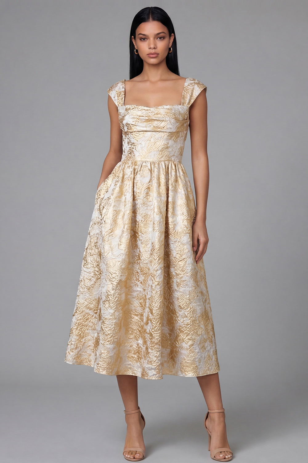Square Neck Floral Maxi A Line Gold Formal Dress
