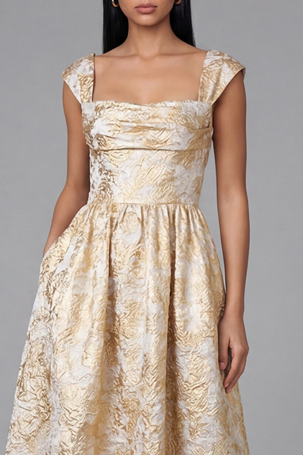 Square Neck Floral Maxi A Line Gold Formal Dress