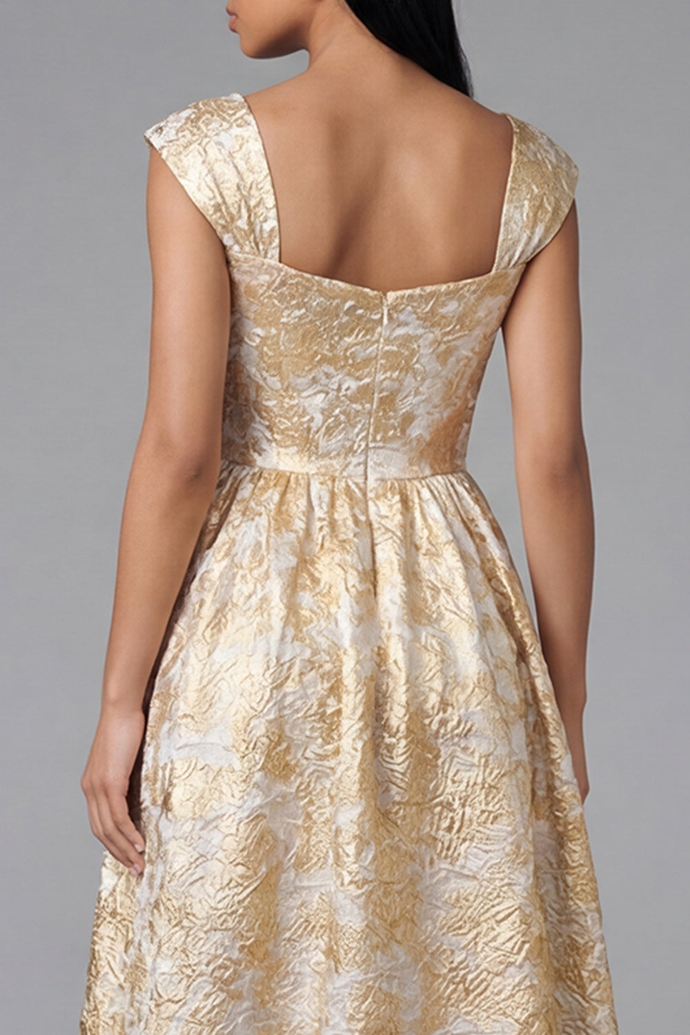 Square Neck Floral Maxi A Line Gold Formal Dress