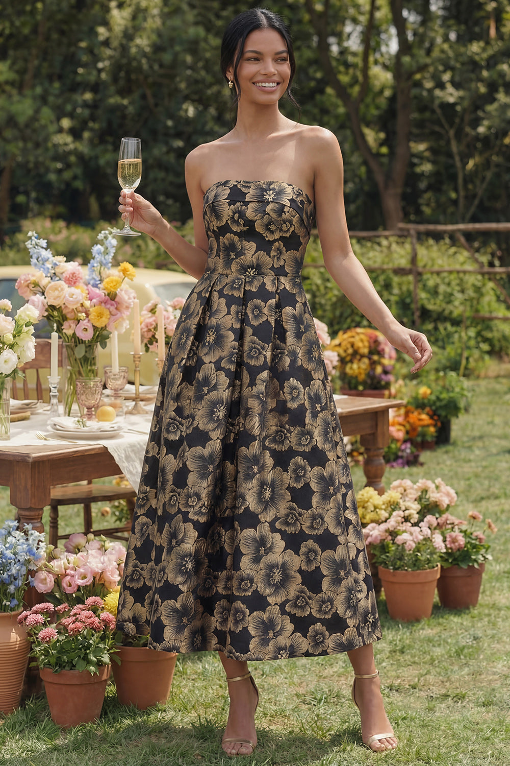 Maxi A Line Gold Strapless Floral Formal Dress