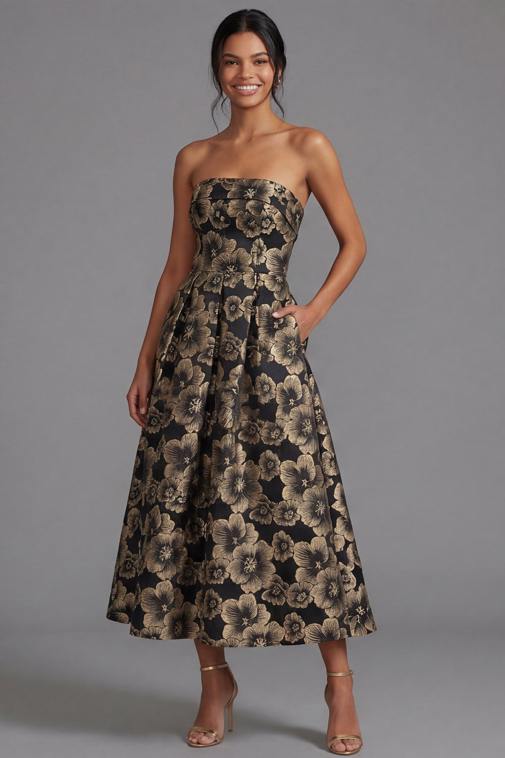 Maxi A Line Gold Strapless Floral Formal Dress