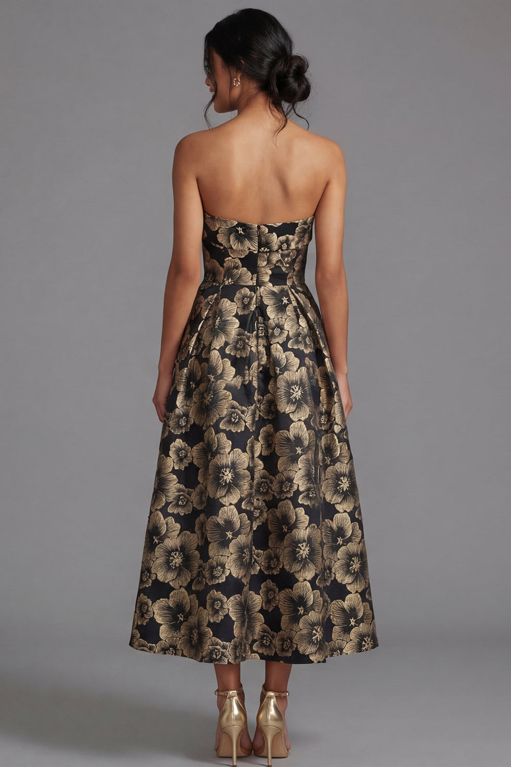 Maxi A Line Gold Strapless Floral Formal Dress