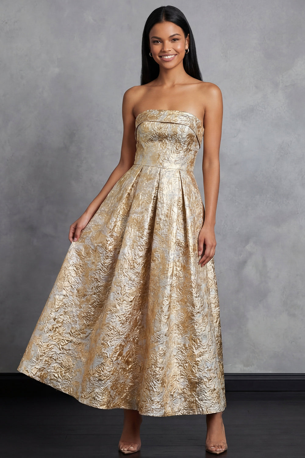 Maxi A Line Gold Strapless Floral Formal Dress