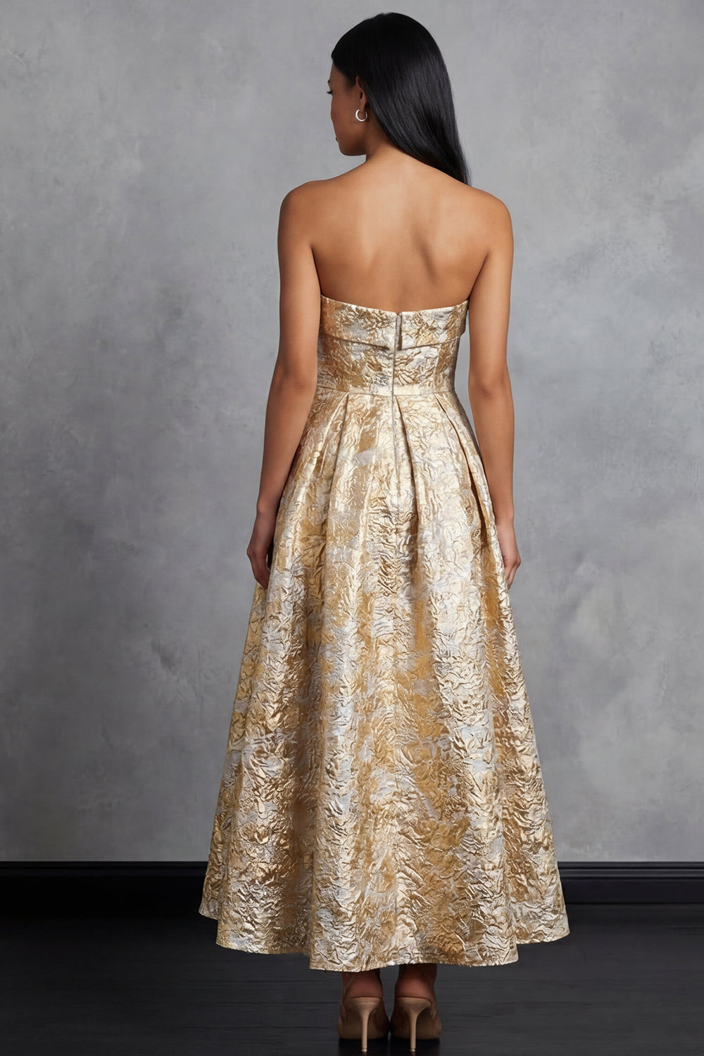 Maxi A Line Gold Strapless Floral Formal Dress