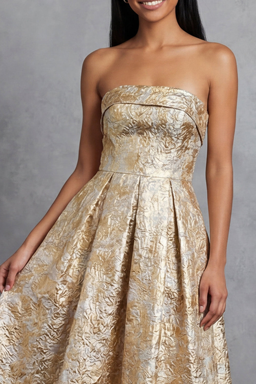 Maxi A Line Gold Strapless Floral Formal Dress
