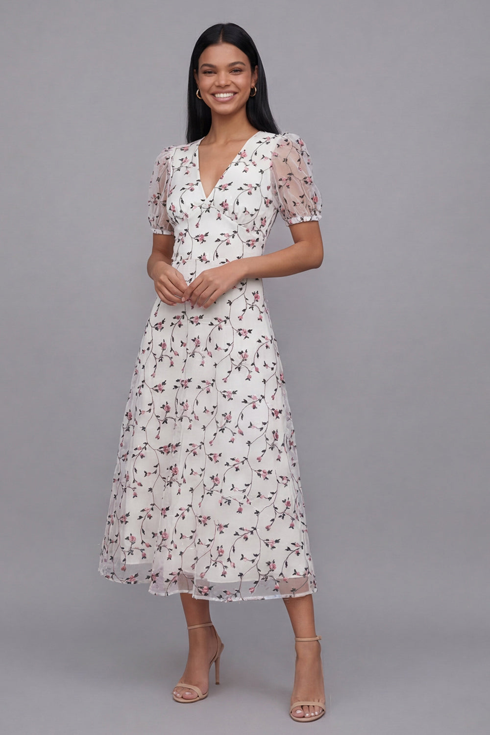 White Red Flower V-Neck Floral Maxi A Line Formal Dress