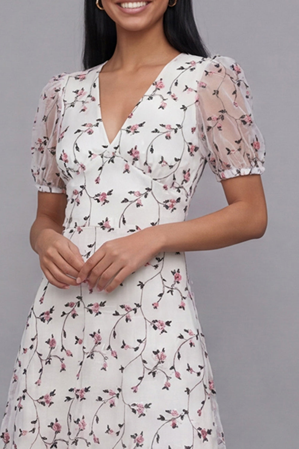 White Red Flower V-Neck Floral Maxi A Line Formal Dress