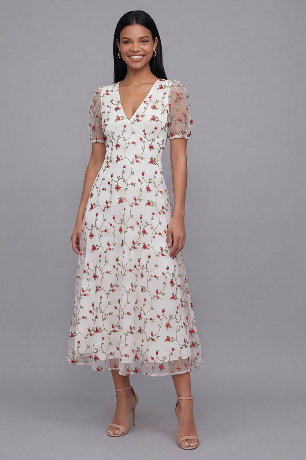 White Red Flower V-Neck Floral Maxi A Line Formal Dress