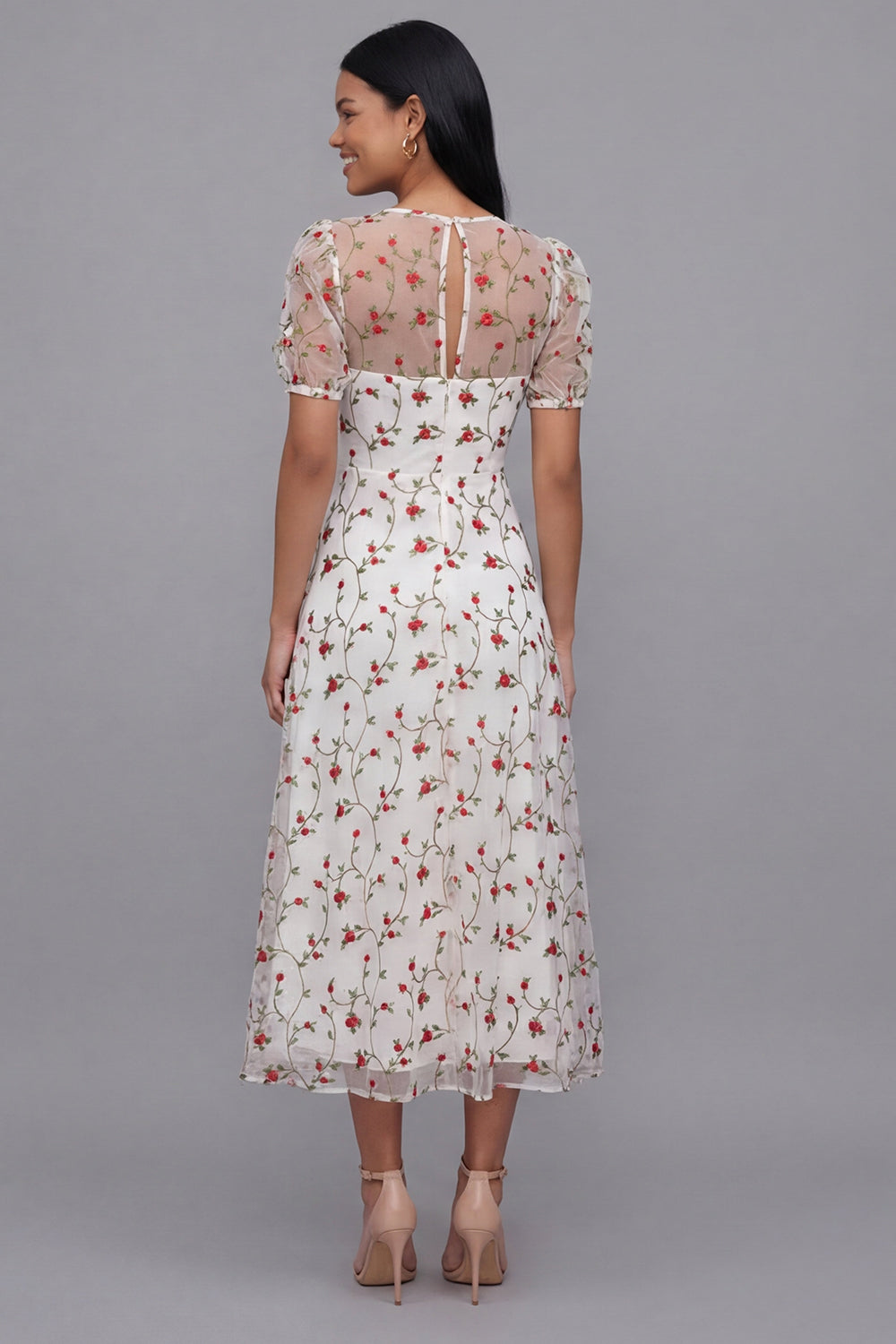 White Red Flower V-Neck Floral Maxi A Line Formal Dress