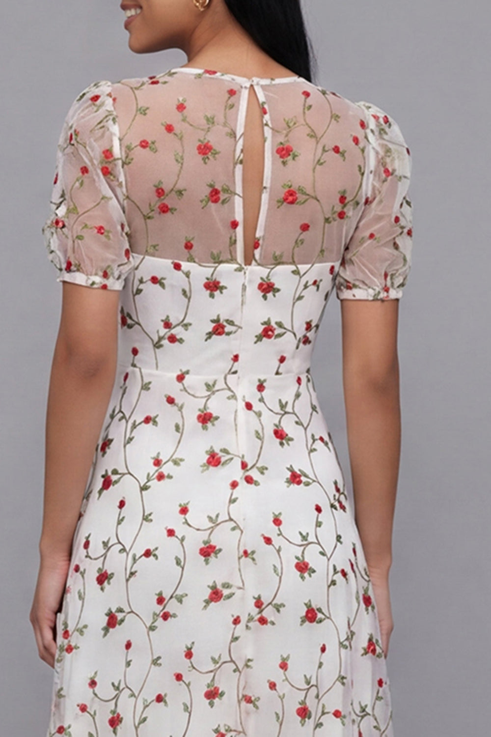 White Red Flower V-Neck Floral Maxi A Line Formal Dress