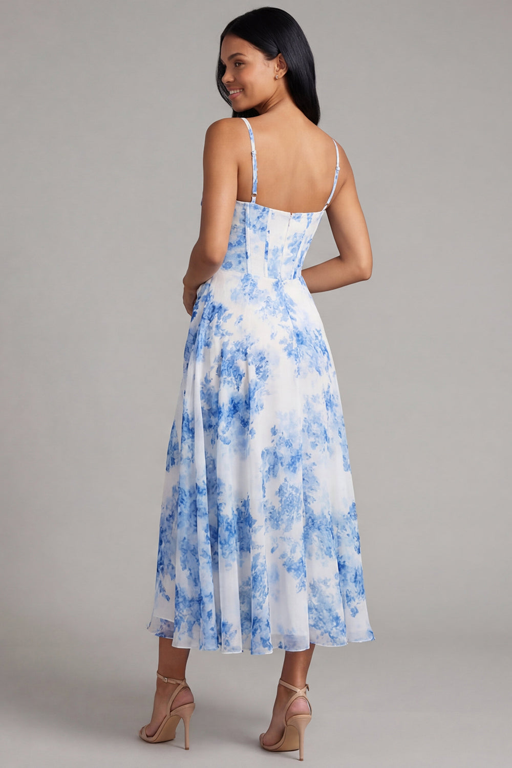 White Blue Flower Corset Maxi Floral A Line Formal Dress with Slit