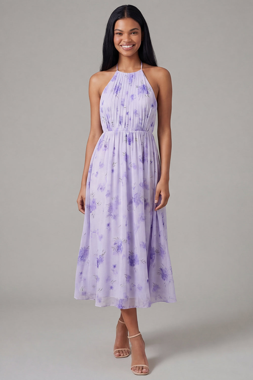 Halter Floral Maxi A Line Lilac Formal Dress with Pleats