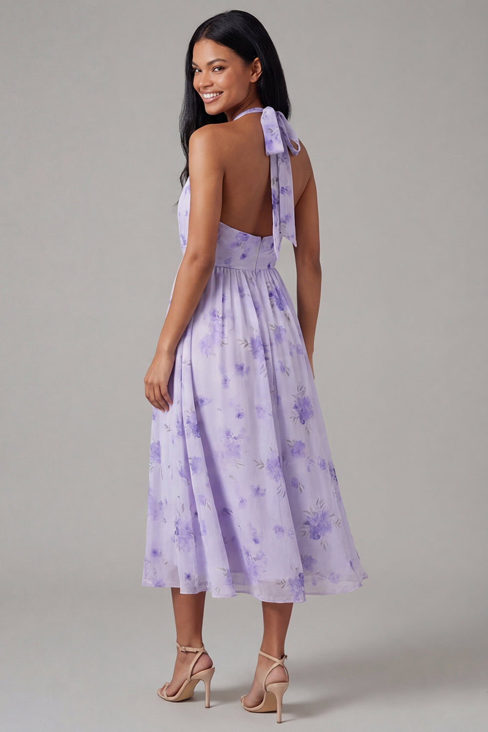 Halter Floral Maxi A Line Lilac Formal Dress with Pleats