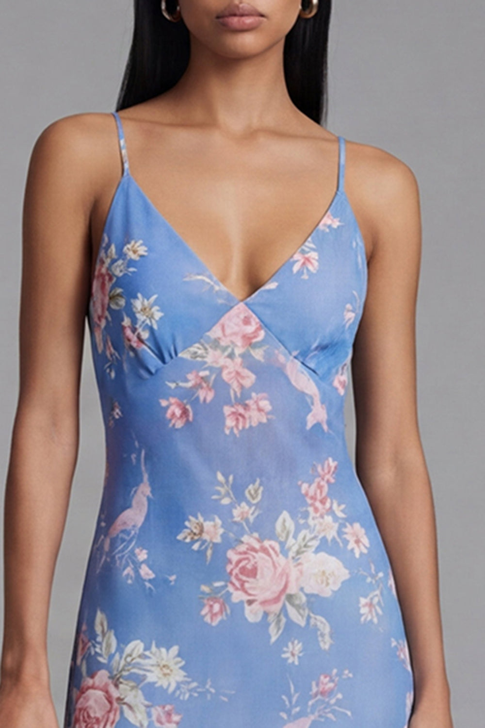 Spaghetti Straps Floral Asymmetrical A Line Blue Formal Dress