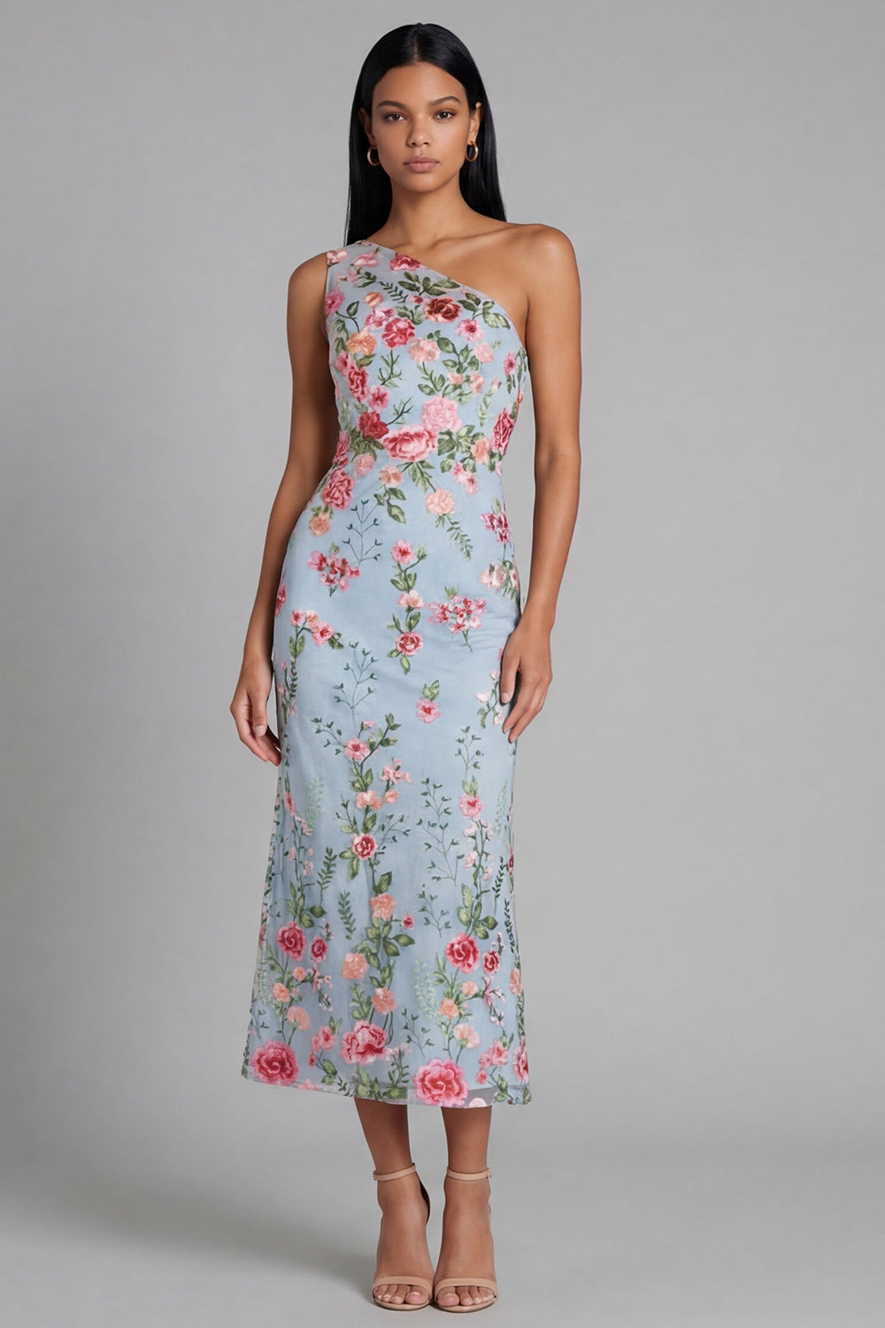 Floral Maxi Mermaid One Shoulder Blue Pink Flower Formal Dress