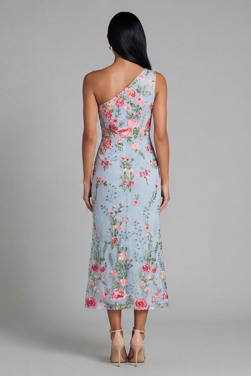 Floral Maxi Mermaid One Shoulder Blue Pink Flower Formal Dress