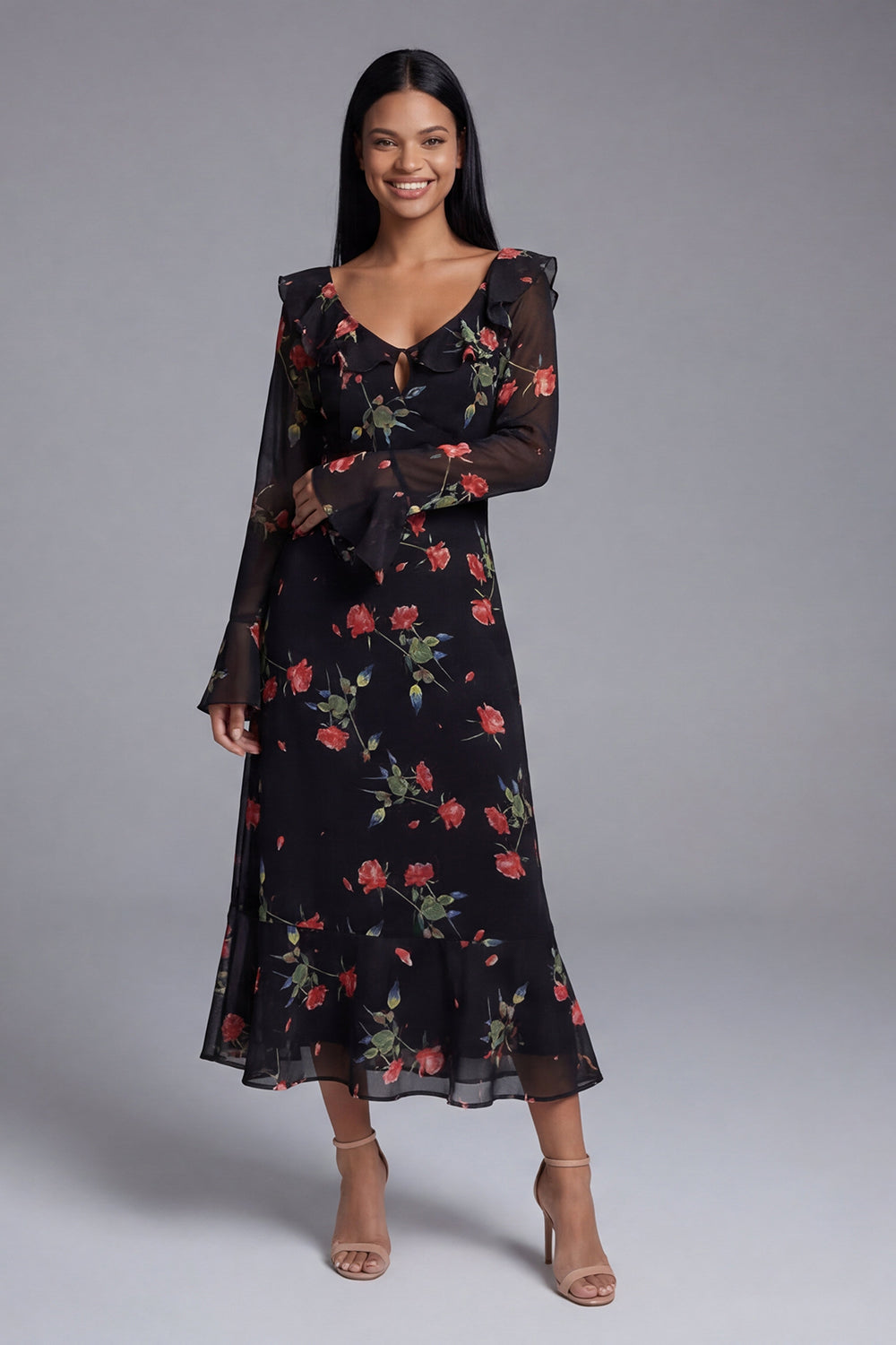 Black Floral Maxi A Line Keyhole Formal Dress with Ruffles