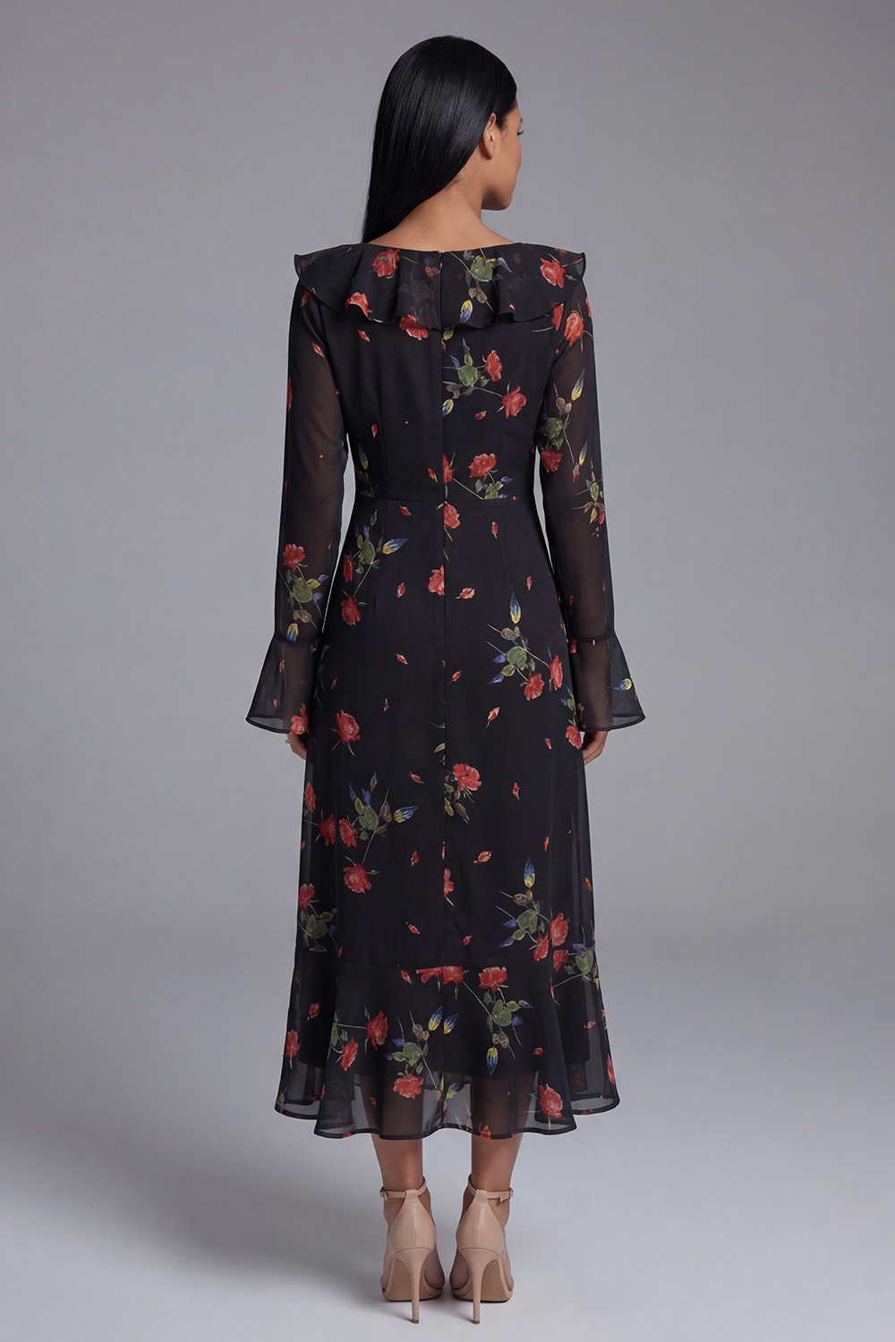 Black Floral Maxi A Line Keyhole Formal Dress with Ruffles