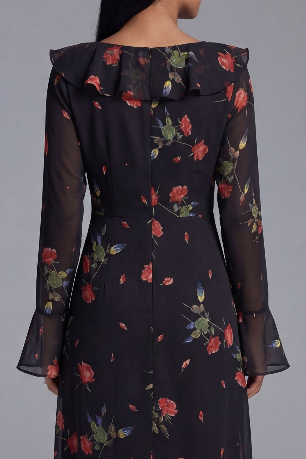 Black Floral Maxi A Line Keyhole Formal Dress with Ruffles