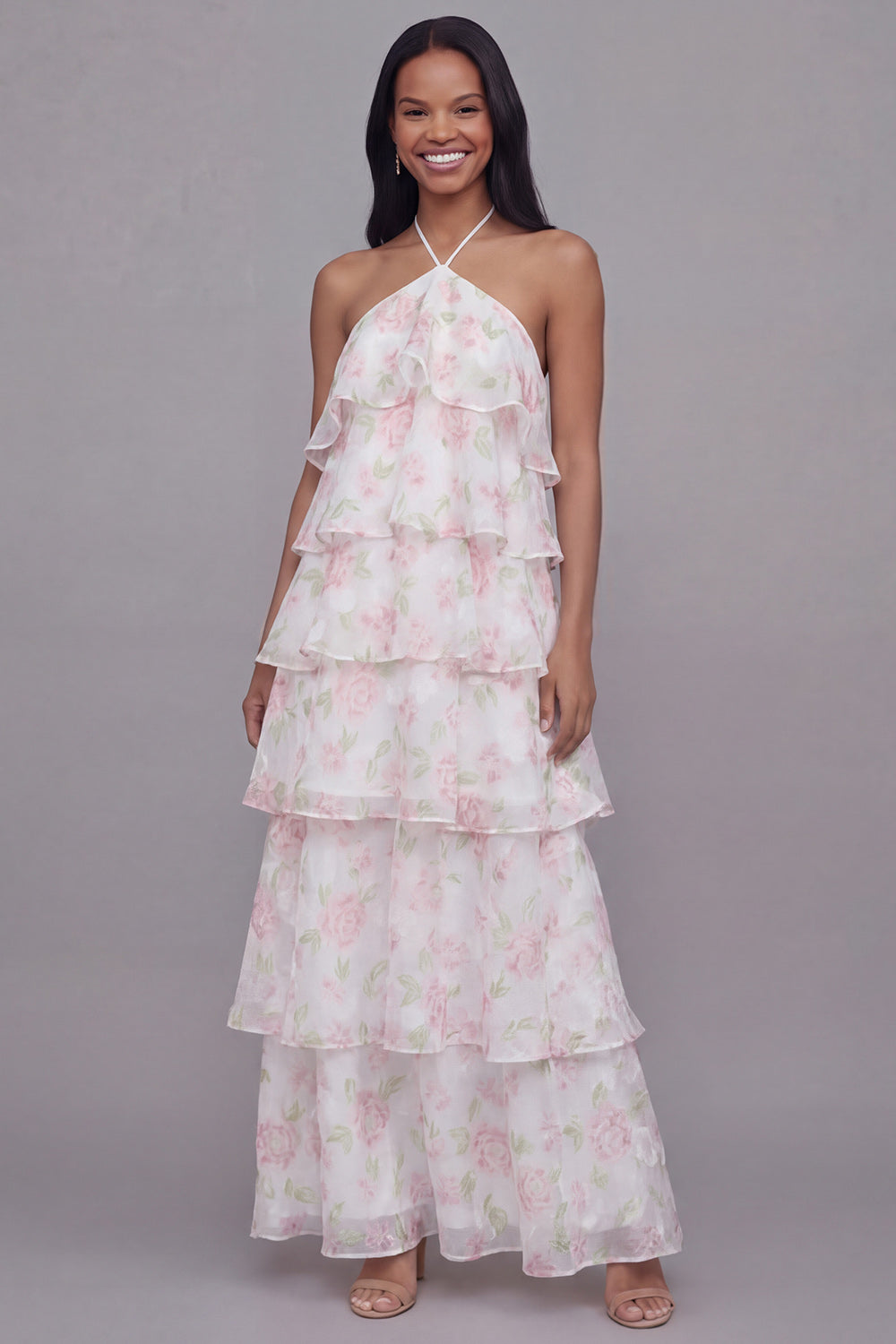 Floral Maxi White Pink Flower A Line Formal Dress with Ruffles