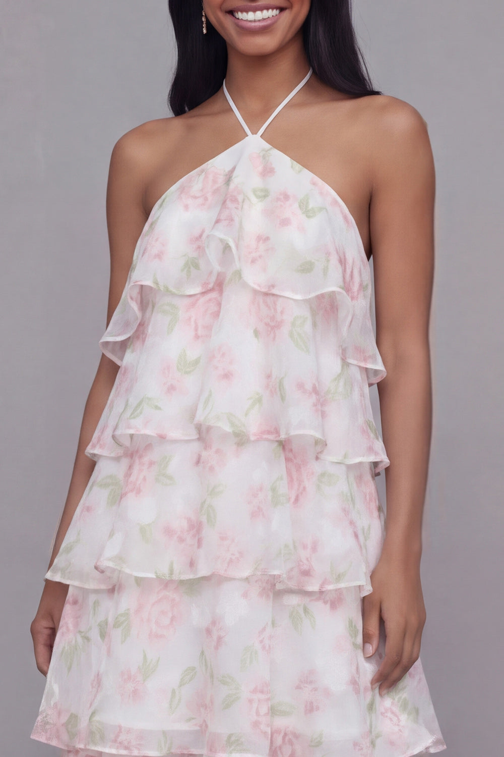 Floral Maxi White Pink Flower A Line Formal Dress with Ruffles