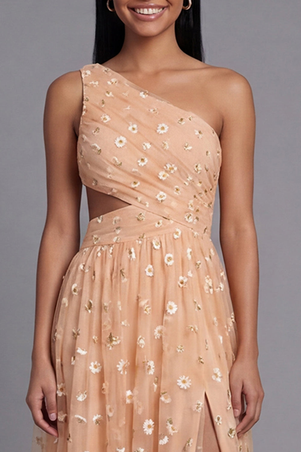 Light Orange Floral Maxi Ruched A Line Formal Dress with Slit