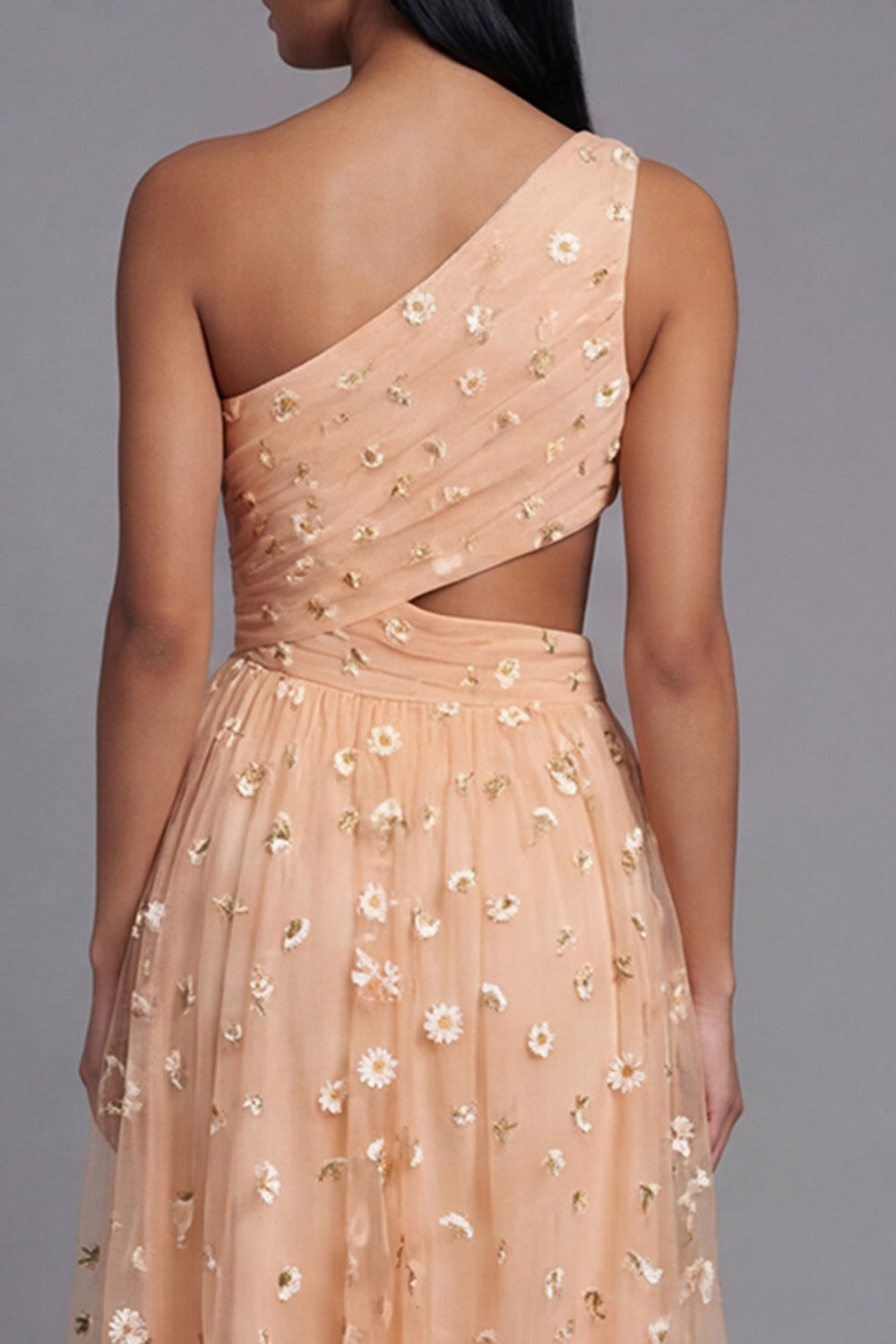 Light Orange Floral Maxi Ruched A Line Formal Dress with Slit