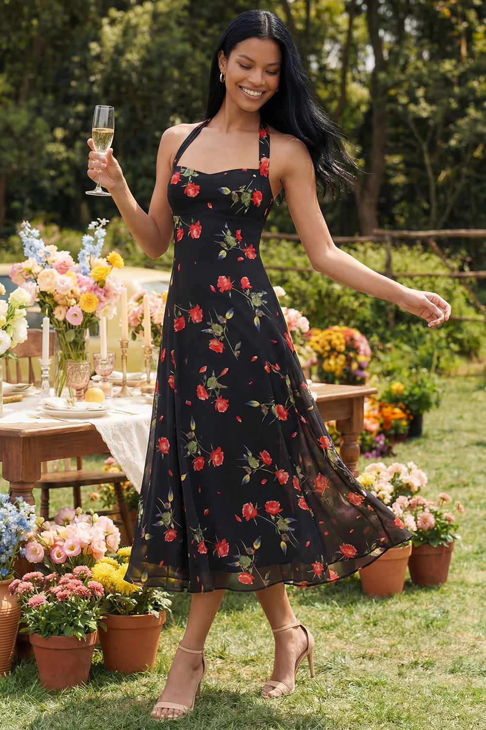 Black Halter Floral Maxi A Line Formal Dress