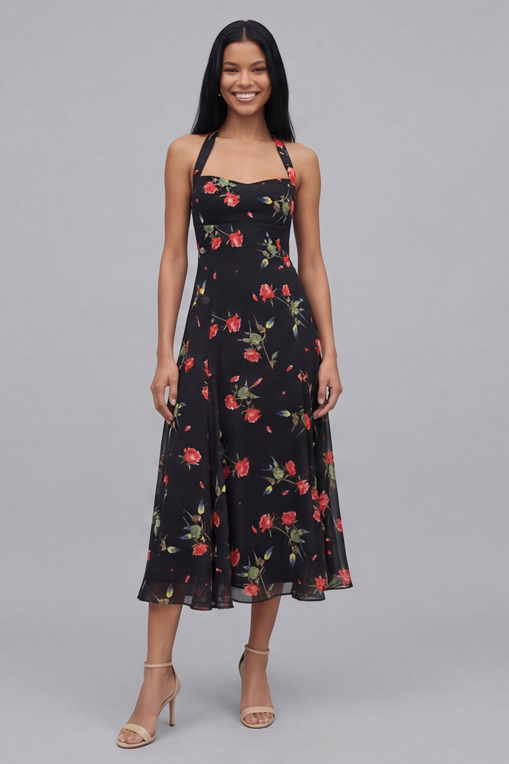 Black Halter Floral Maxi A Line Formal Dress