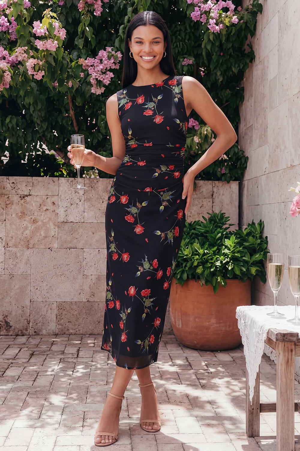 Black Round Neck Floral Maxi Sheath Ruched Formal Dress