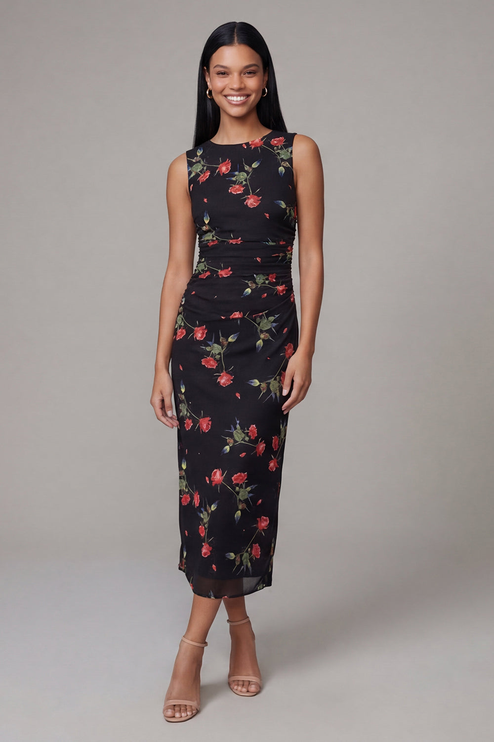 Black Round Neck Floral Maxi Sheath Ruched Formal Dress