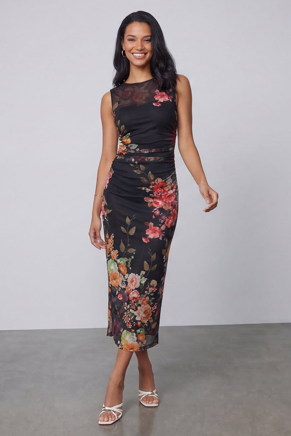 Bateau Neck Floral Maxi Bodycon Ruched Black Formal Dress